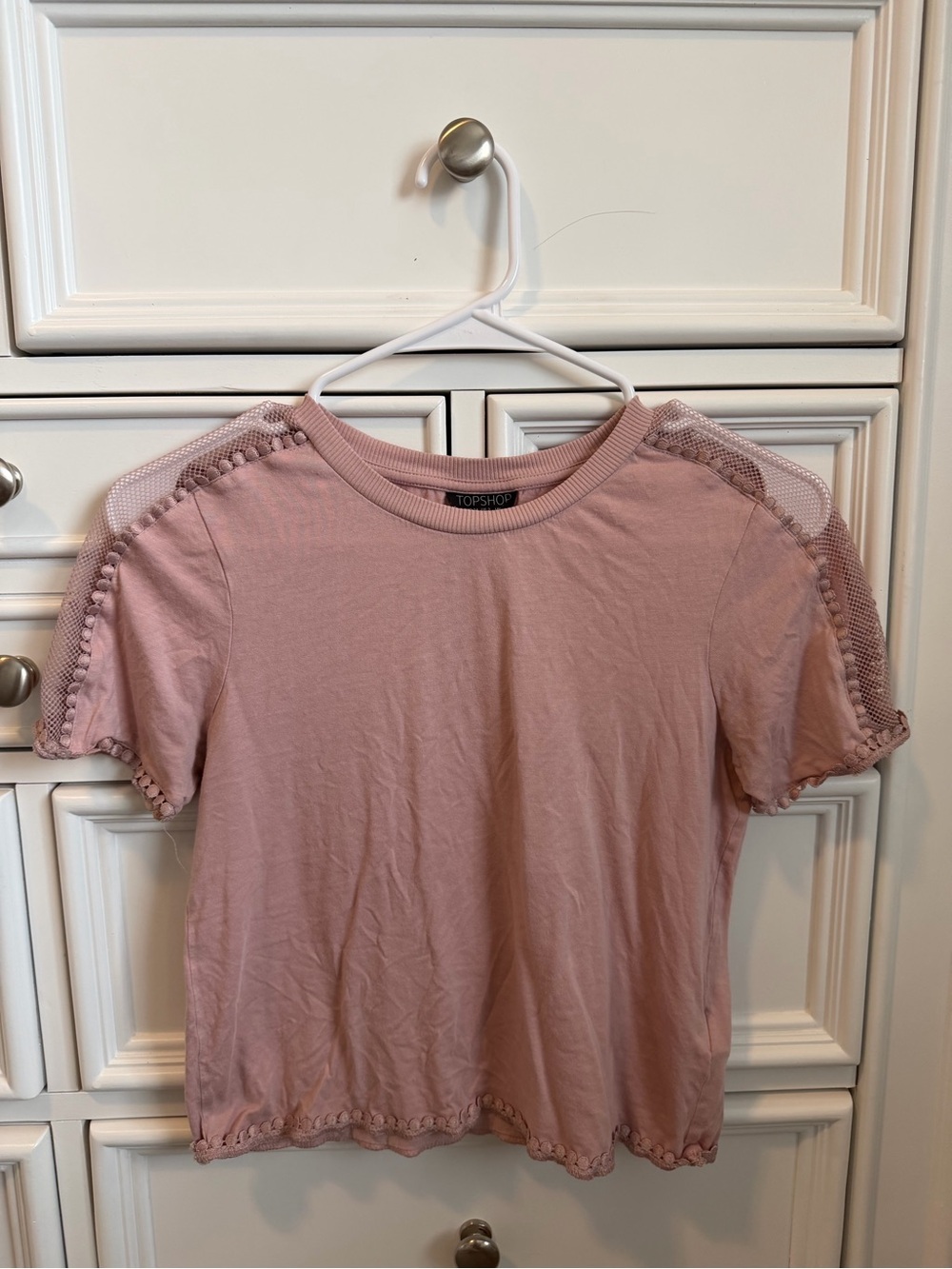 Topshop Dusty Rose Crochet-Trim Short Sleeve Tee